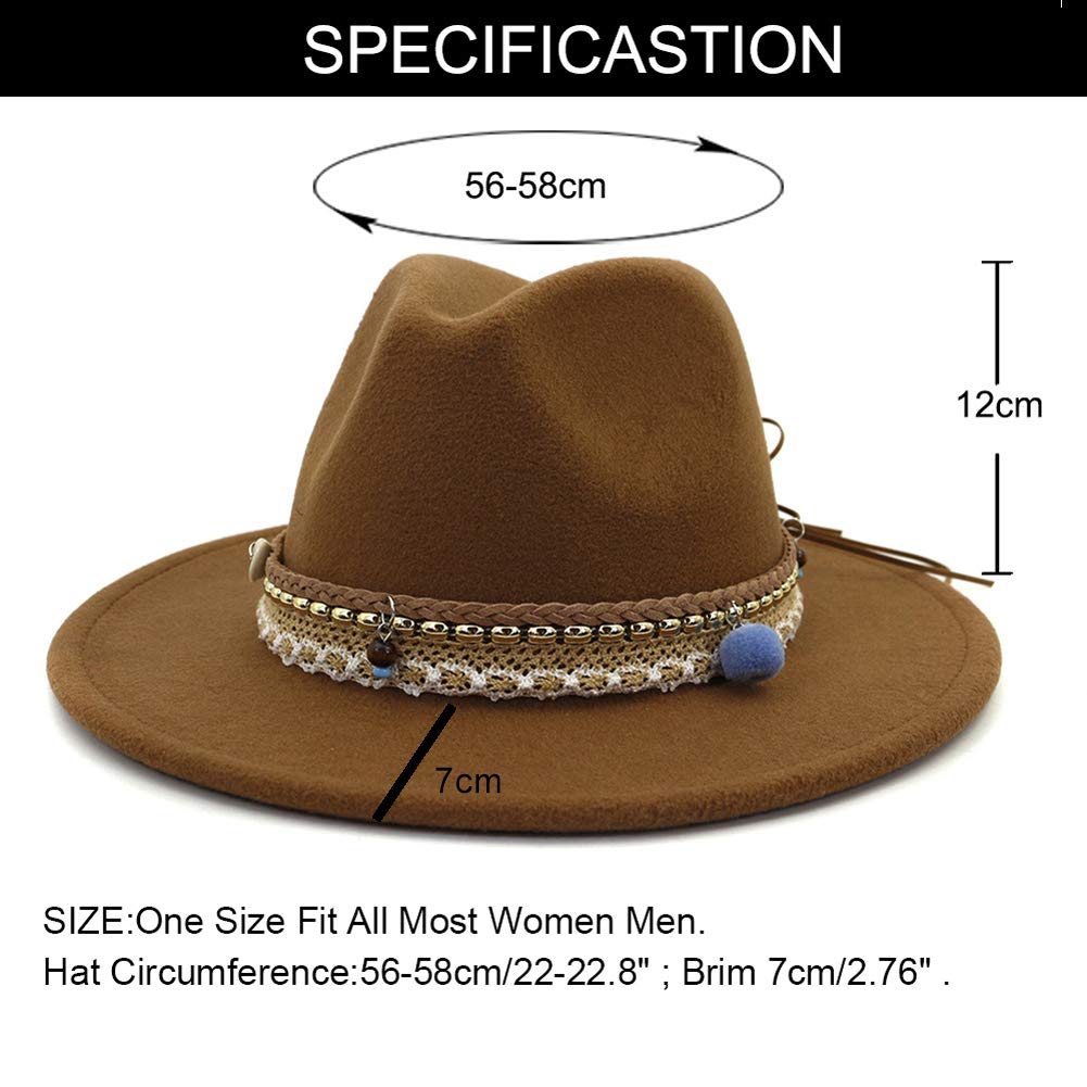Boho cappelli da donna in feltro Fedora Cappelli a tesa larga Panama - Beige - M
