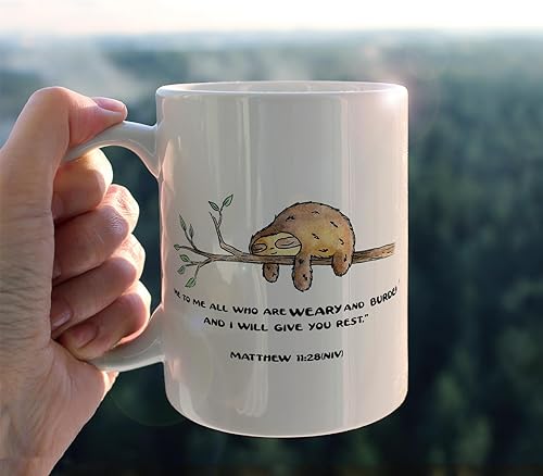 Miniatura 3 de Tazas divertidas de perezoso, Mateo 11:28, versículo bíblico, taza de cerámica con texto en inglés "Come to Me", taza de café con leche, taza de té