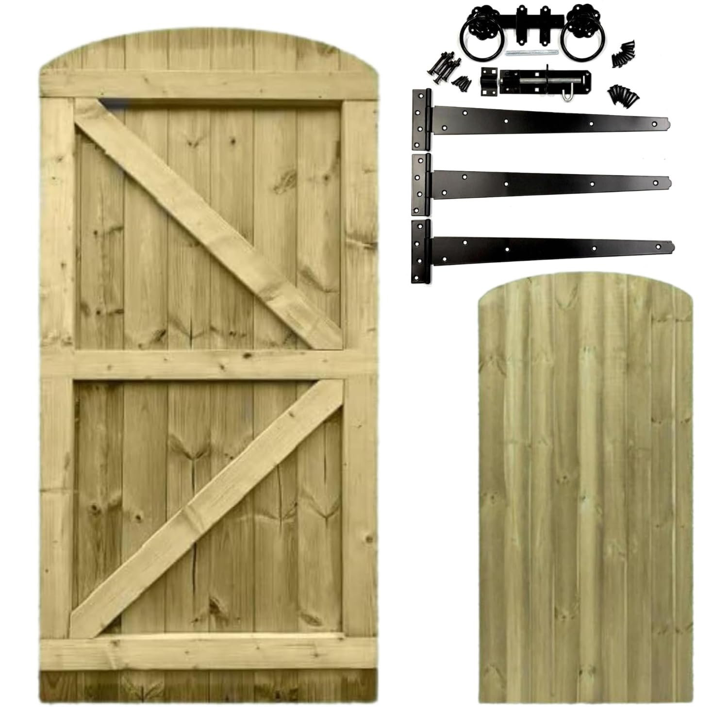Wooden Featheredge Dome Pedestrian Garden Gate with Heavy Duty Hardware Kit | 18" Strap Hinges, Ring Handle, Brenton Bolt & Latch Set (180cm High x 60cm Wide x 4.5cm Deep, With Black Hardware Kit)
