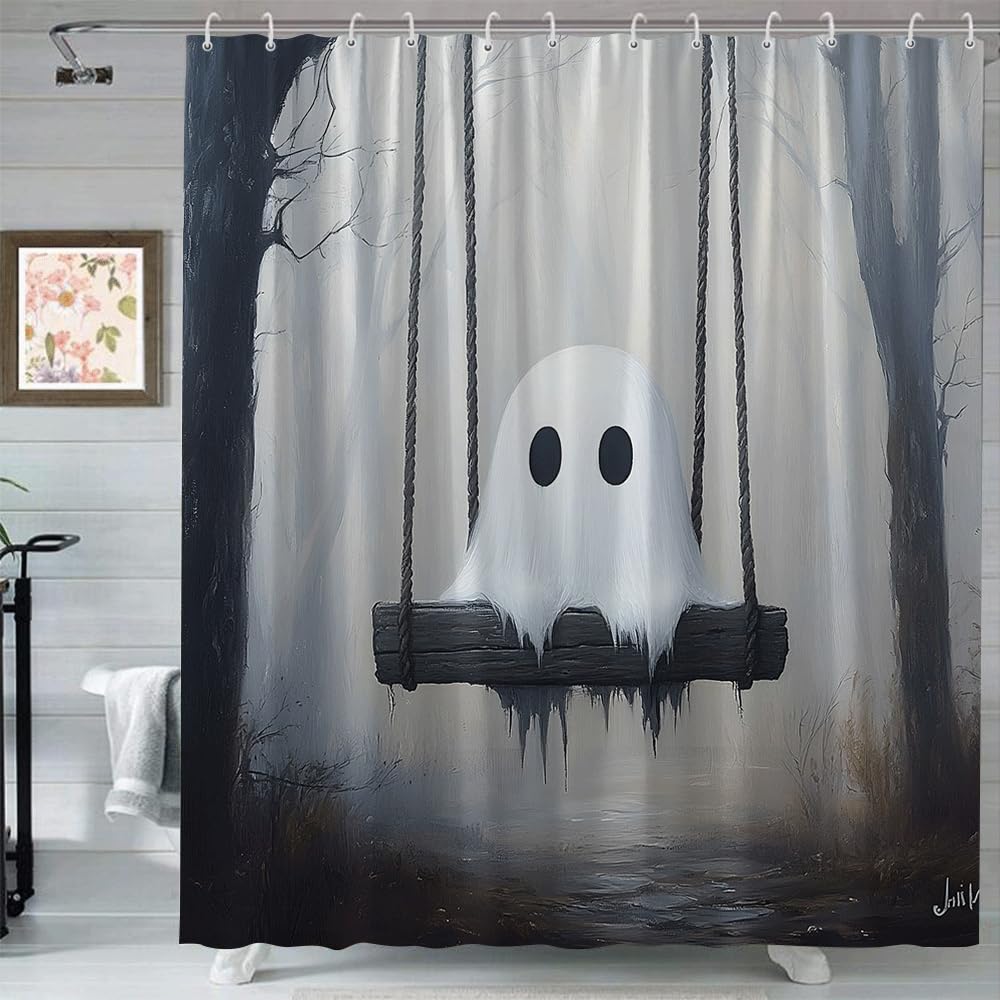 Halloween Shower Curtain Cute Ghost on Swing Grey Misty Forest Dead Tree Gothic Vintage Farmhouse Spooky Funny Cartoon Boys Girls Fabric Bathroom Decor Fabric Curtain with Hooks