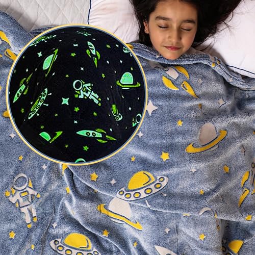 Image of Glow Blanket for Kids 200x150 cm, Blue Astronaut Glow in The Dark Blanket, Soft Flannel Fleece All Season Kids Blanket, Birthday Gift for Boys & Girls