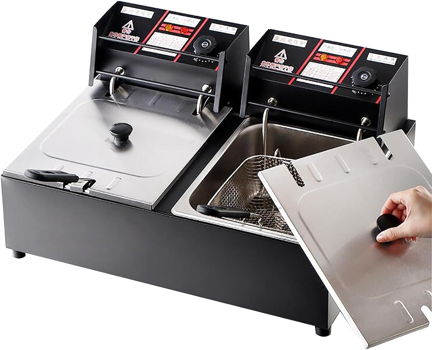 Friggitrice commerciale, friggitrice elettrica commerciale, friggitrice elettrica da banco con 2 cestelli e coperchi per cucina domestica e ristorante, friggitrice a doppia vasca in acciaio inossida