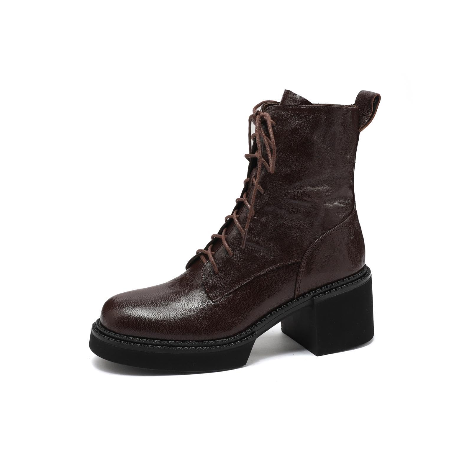 TinaCus Handmade Genuine Leather Ankle High Boots Lace Up Round Toe Platform Booties for Women