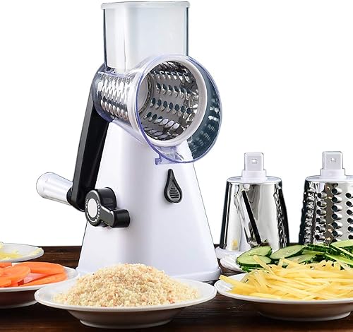 Rallador giratorio de queso para verduras, rallador de cocina con 3 cuchillas de tambor y patata con fuerte base de succión
