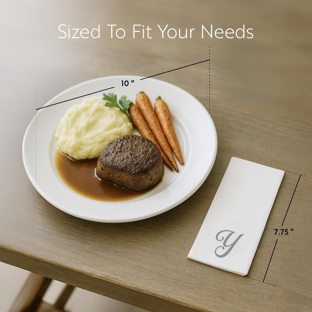 Restaurantware Luxenap - Servilleta rectangular de papel blanco con letra Y plateada, fuente cursiva, 15 3/4 x 8 pulgadas, caja de 50 unidades