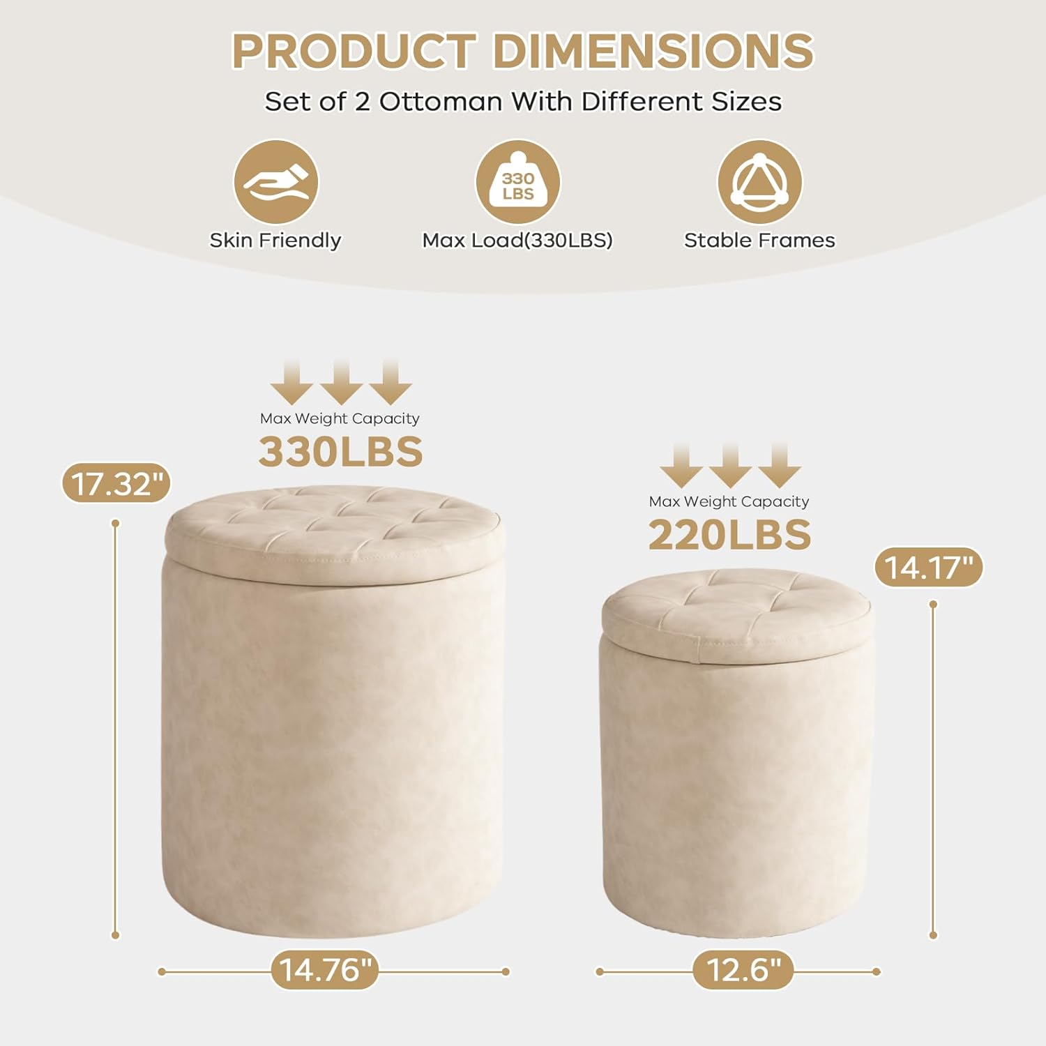 Faux Leather Round Ottoman with Storage 12.6" W x 14.17" H & 14.76" W x 17.32" H Set of 2, Small Boucle Coffee Table Footstool with Removable Lid for Living Room, Bedroom, Beige - Image 2