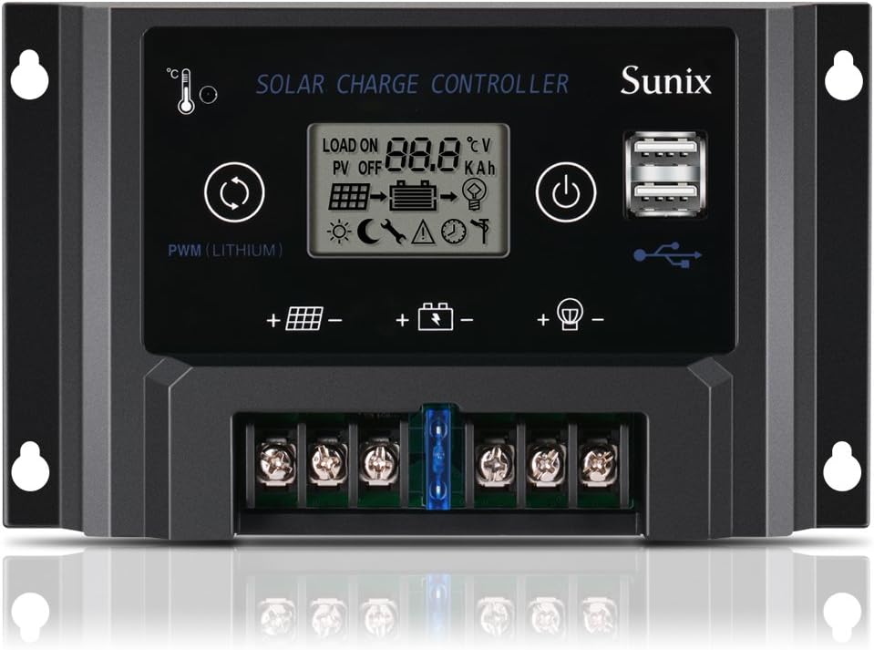 Sunix 10A 12V/24V Solar Charge Controller, Upgraded Solar Panel Charge Intelligent Regulator with Fuse, Dual 5V 2A USB Port, Overload Protection Temperature Compensation