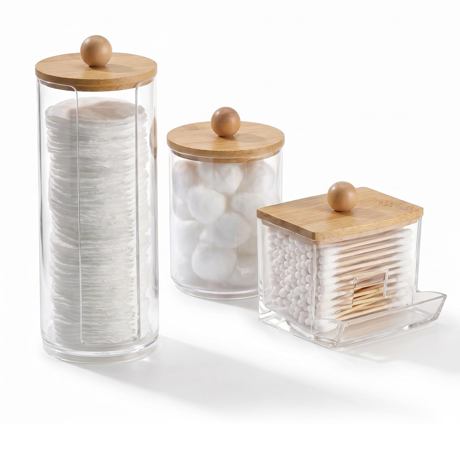 Merzio Premium Cotton Pads Holder and Cotton Wool Balls Dispenser Set, Clear Acrylic Bathroom Organiser with Lids, Cotton Bud Holder for Skincare Storage