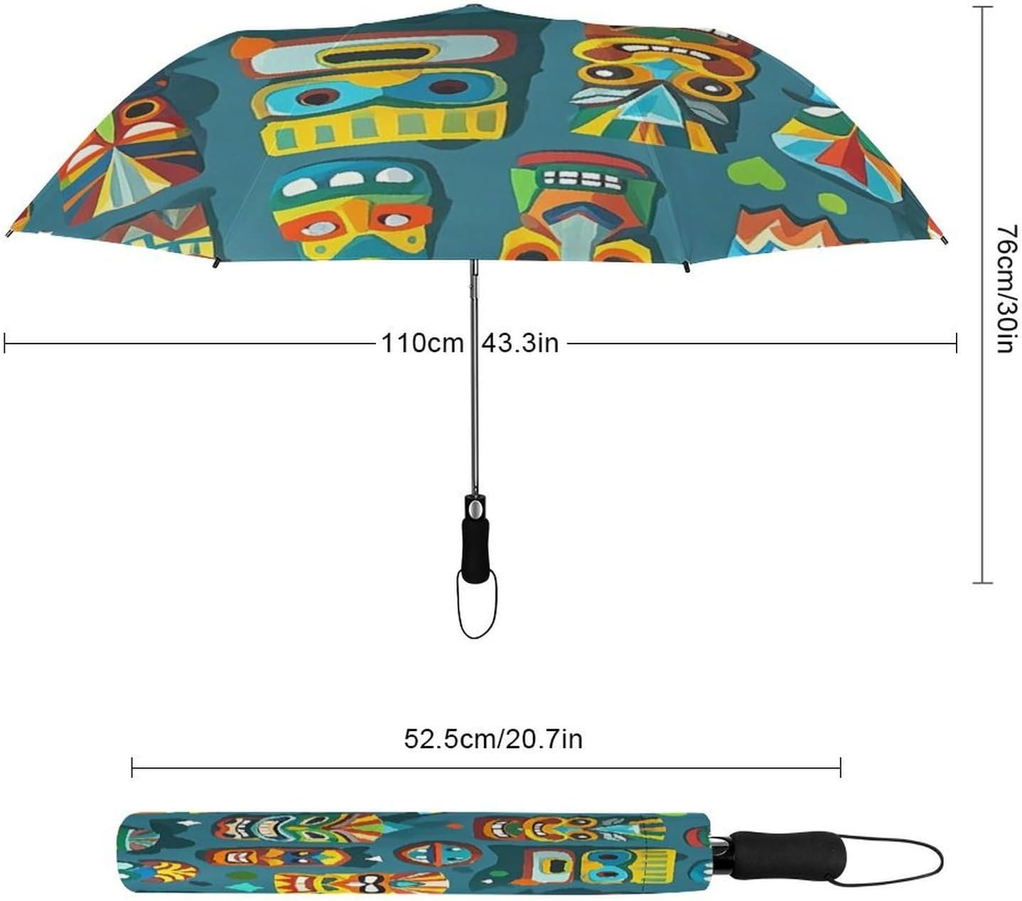 Colorful Tiki Mask Pattern Golf Umbrellas-2 Fold Automatic,Windproof Umbrella with Portable,Strong,Folding Umbrella for Women Men