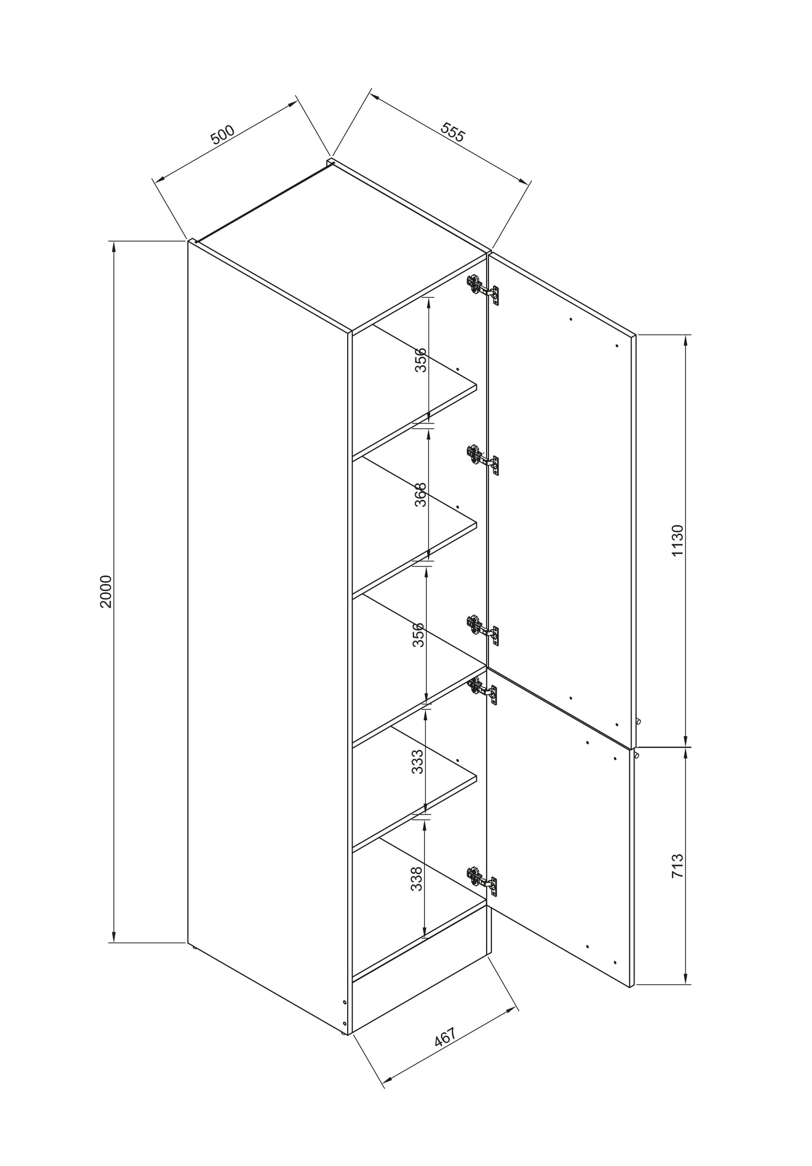 möbelando Eddy Moderner Vorratsschrank Küche in Weiß matt - Geräumiger Küchenschrank mit viel Stauraum - 50 x 200 x 57 cm (B/H/T)