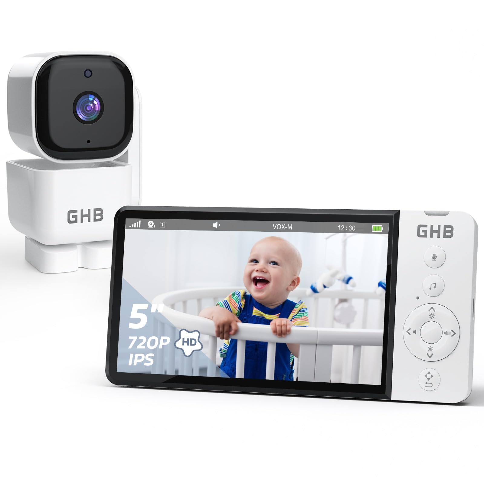 GHB Babyphone Mit Kamera - 5 Zoll Display, 350° Drehung, Nachtsicht