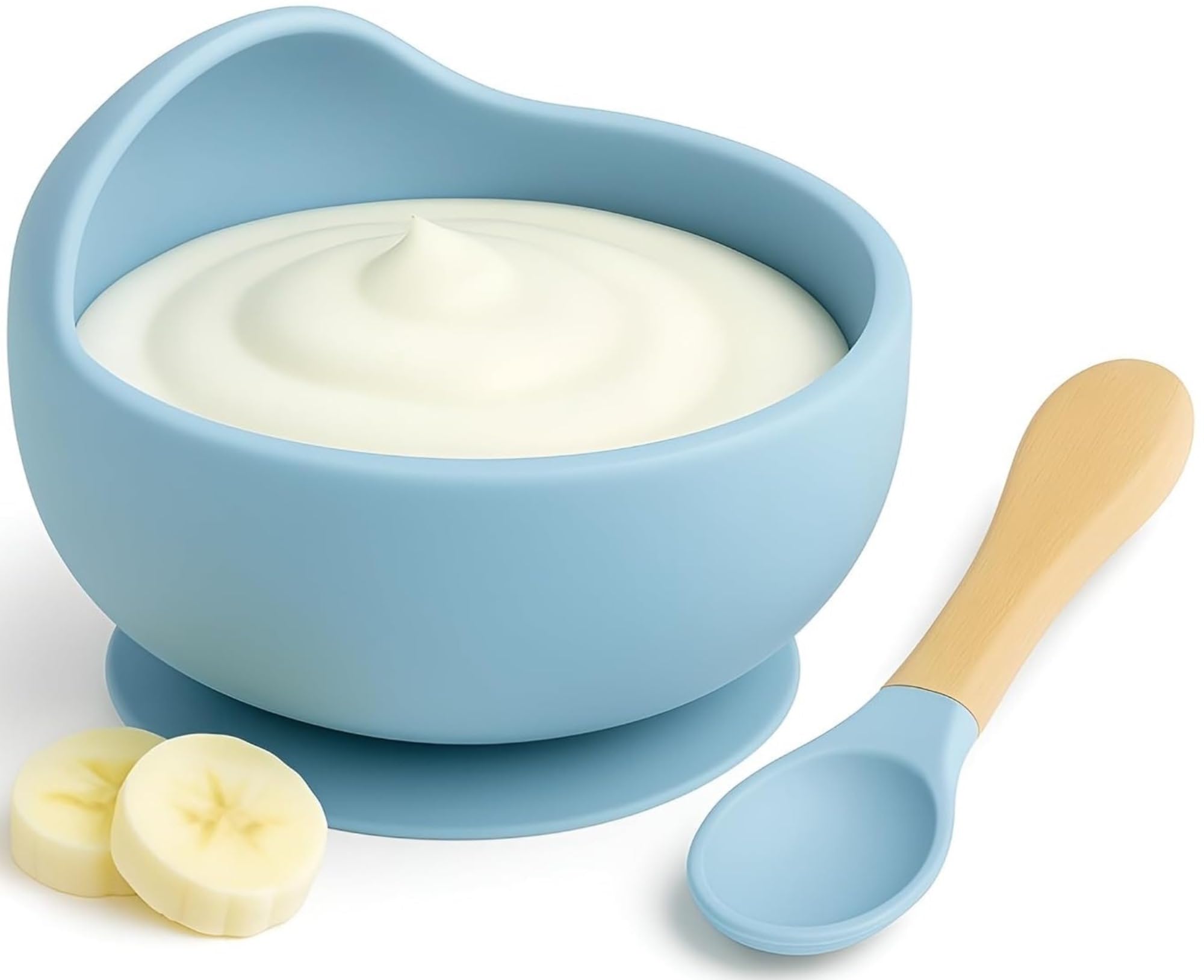 Coofandy Silicone Baby Blue Suction Bowl with Wooden Handle Spoon,Silicone Unbreakable Non-Slip Suction Base Design, Strong Anti-Slip Base for Self-Feeding-Baby Led Weaning,Dishwasher Safe,6+ Months-image-16