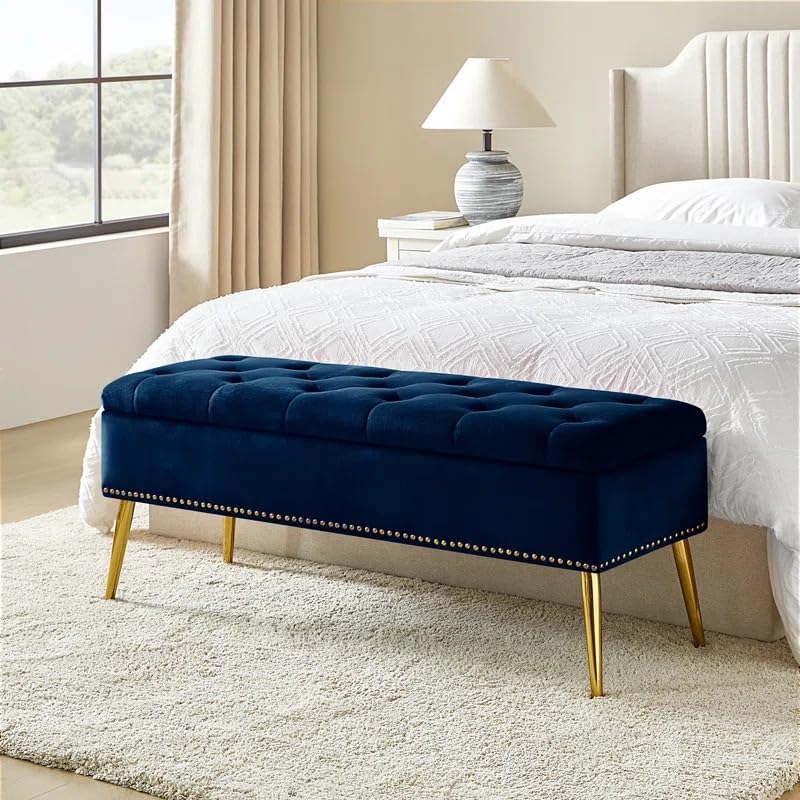 WASKOW ART HUB Storage Ottoman Velvet Storage Bench 2 Seater Sofa Upholstered Ottoman Bench with Storage for Living Room Bedroom (Navy Blue Velvet)-image-44
