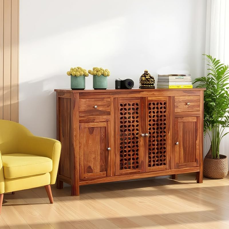 Image of Amazon Brand - Solimo Solid Sheesham Wood Minza Sideboard Cabinet with 2 Drawers & 4 Doors | Multipurpose Storage Organizer for Crockery, Bedroom Living Room, Kitchen & Office Furniture (Honey Finish)