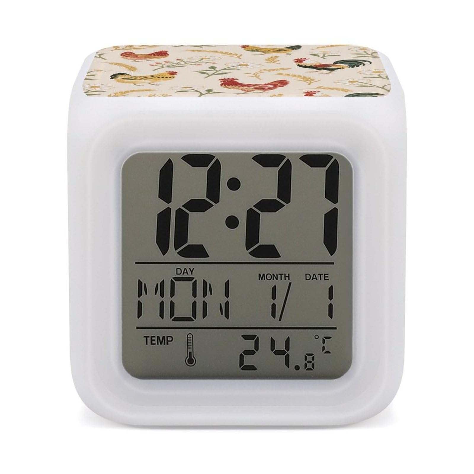 VstaDank Chicken and Rooster Print Alarm Clock Sleep Trainer 7 Color Changing Night Light Modern Touch Bedside Lamp Fashion Digital Clock with Temperature Display Wake Clocks for Loud Alarm