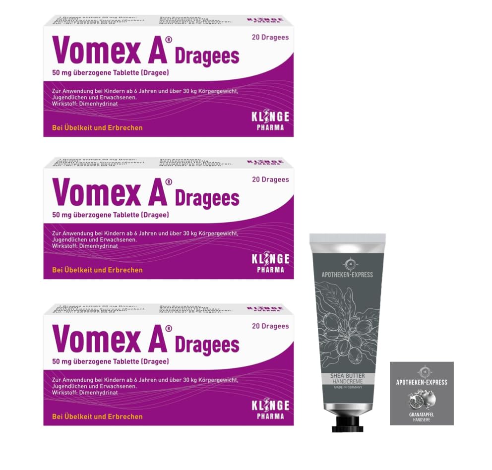 Vomex A Dragees Set mit 3 x 20 Dragees zur Vorratshaltung oder Sammelbestellung inkl. Handcreme ODER HAndseife von Apotheken-Express