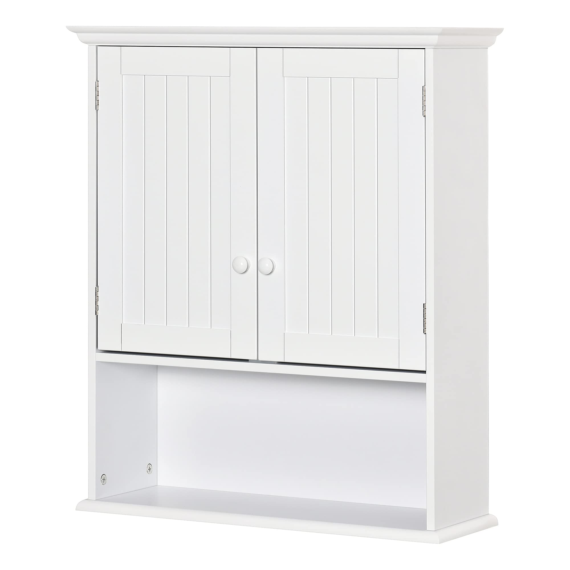 kleankin Armario Baño de Pared con 2 Puertas Estante Interior Ajustable y Compartimento Abierto Mueble Auxiliar Suspendido Multiusos para Cocina 60x20x70,5 cm Blanco