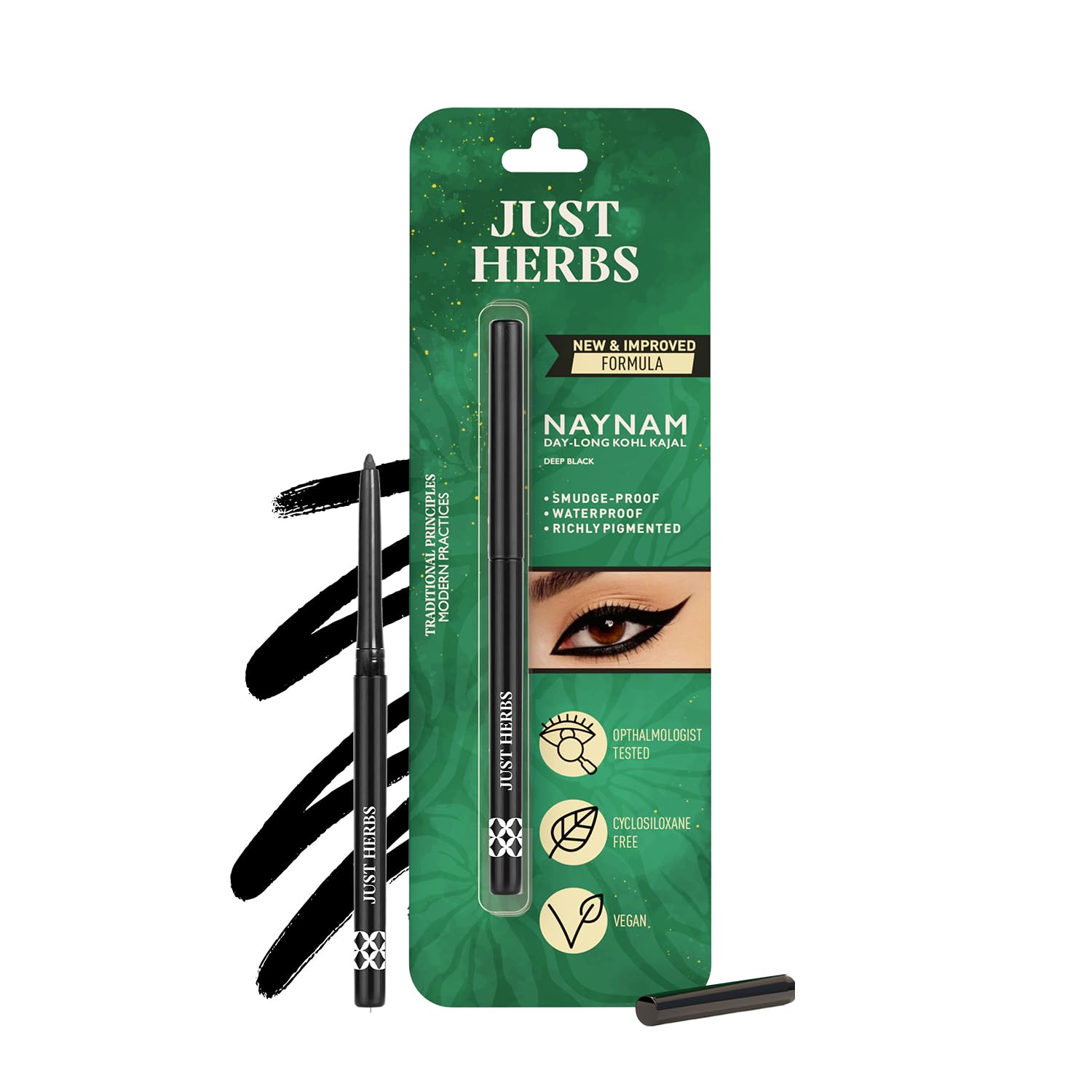 Just Herbs Naynam Day-long Kajal – Deep Black | With Vitamin E | Eye Makeup | Cyclosiloxane-Free | Smudgeproof & waterproof | Long stay - 0.3g