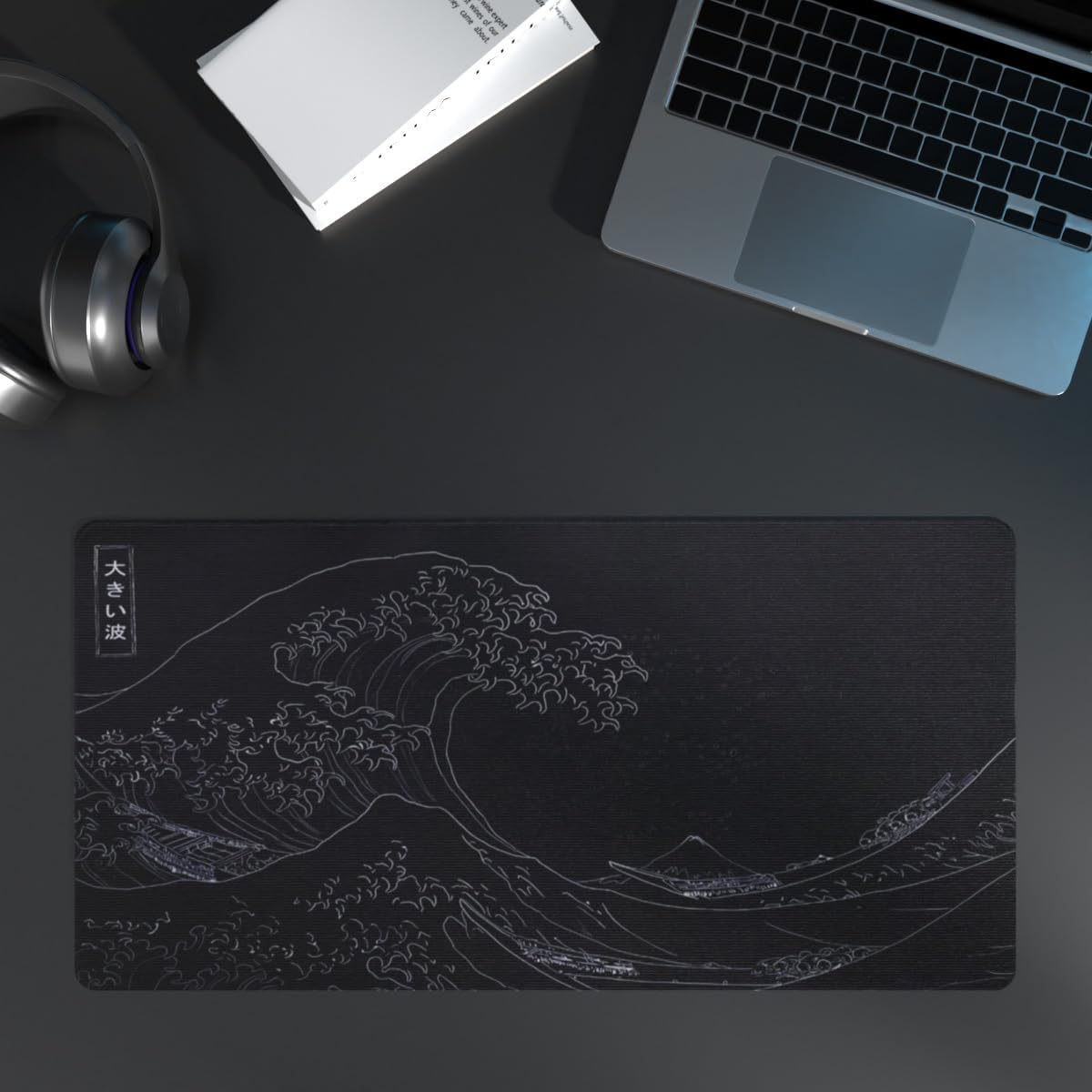 Large Japanese Sea Wave Black Anime Desk Mat, Extended Non-Slip Keyboard Mouse Pad, Kanagawa Office Desk Pad 23.6" x 11.8", Gaming Desktop Protector for Office and Home