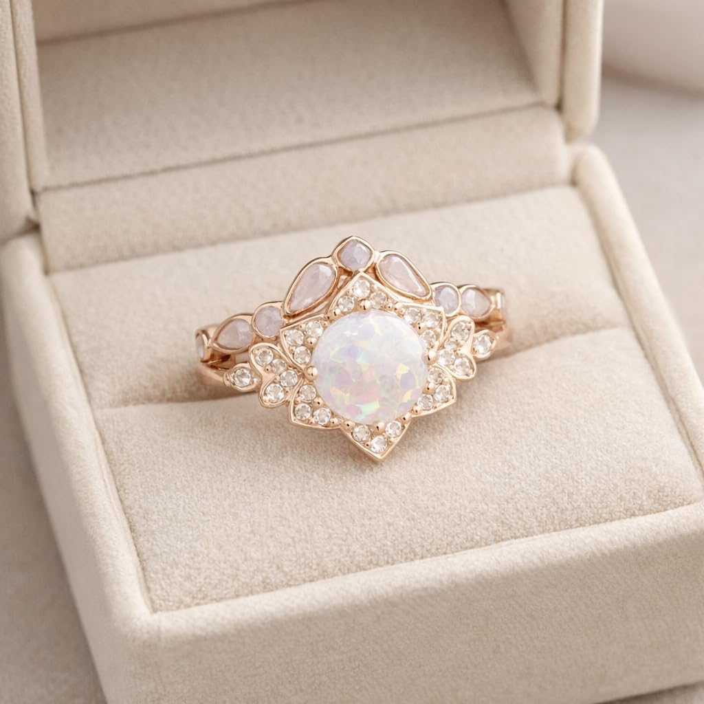 Opal Floral Halo Bridal Ring Set for Women 14K Rose Gold Vintage Engagement Ring Set Diamond Cluster Wedding Ring Set Boho Promise Jewelry Gift for Her
