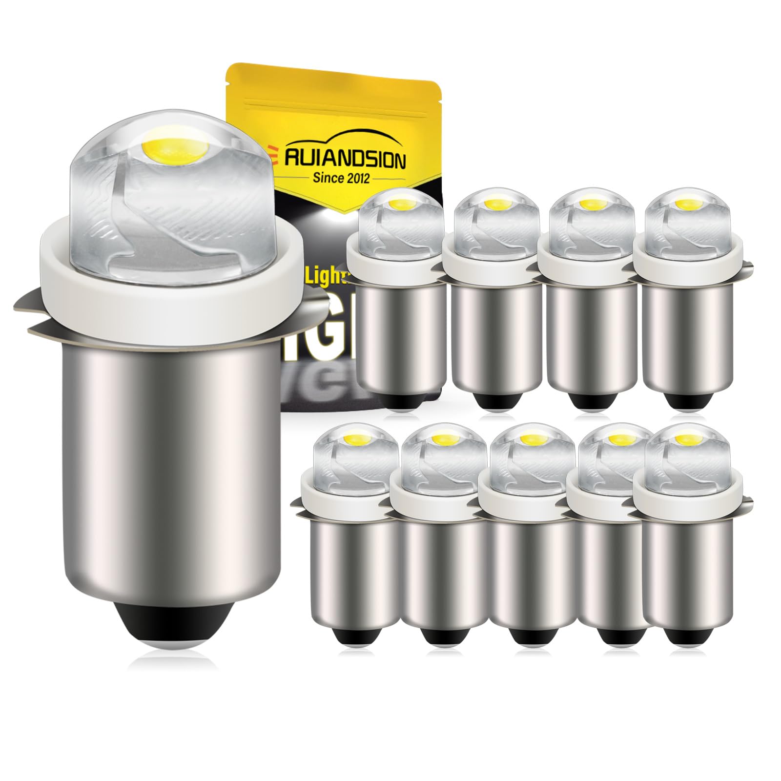 Ruiandsion P13.5S LED Bulb 6V COB 0.5W, 6000K White 100LM Non-Polarity Flashlight Bulb Replacement for Maglite Ryobi DeWalt Torch Work Light (Pack of 10)