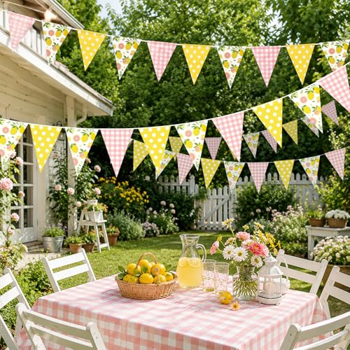 Image of Pink and Yellow Lemon Triangle Banner Balloons Lemonade Bar Stand Supplies Amalfi Coast Hawaiian Luau Summer Birthday Party Decorations Baby Shower Freshly Graduated Lemon Themed Party Decor
