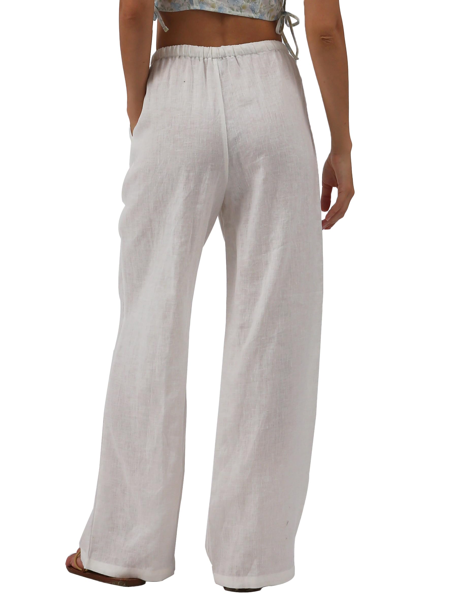 Amazhiyu Pantaloni estivi da donna in puro lino con coulisse a gamba larga con tasche