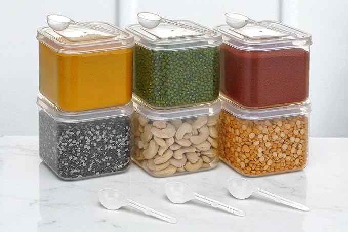 Arto 6-Piece Airtight Food Storage Containers Set (500ml) with Spoons - BPA Free, Clear Square Plastic Jars for Kitchen & Pantry Organizer | Masala, Spices, Dry Fruits, Cereals | Leak-Proof, Stackable