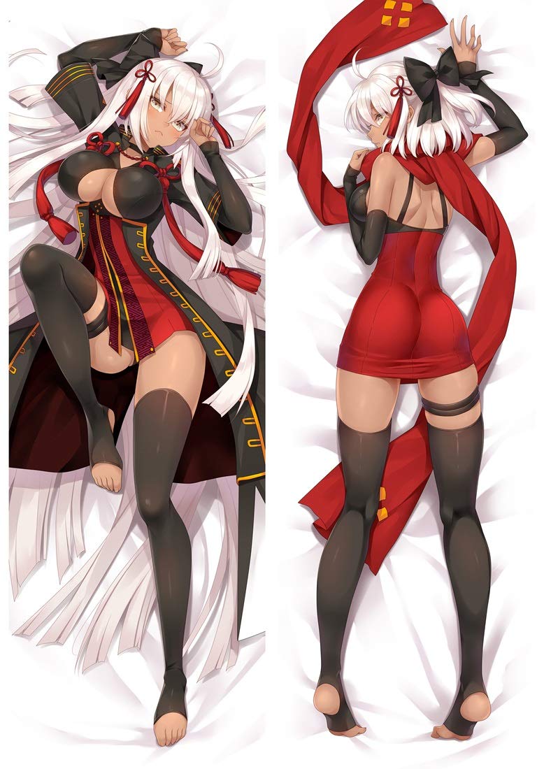 Knmbmg Fate/Grand Order: Okita Souji/Alter Saber Body Pillowcase, Anime White Hair Red Clothes Pretty Girl Shame Posture Double-sided Pattern Peach Skin Pillow Cover, Home Sofa Decorative Anime Fan Fa