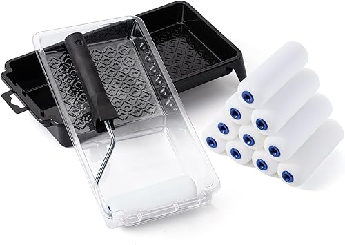 Bates - Juego de rodillos de pintura de espuma de 4 pulgadas, 15 piezas, kit de rodillos de pintura pequeños, 1 bandeja de pintura de plástico