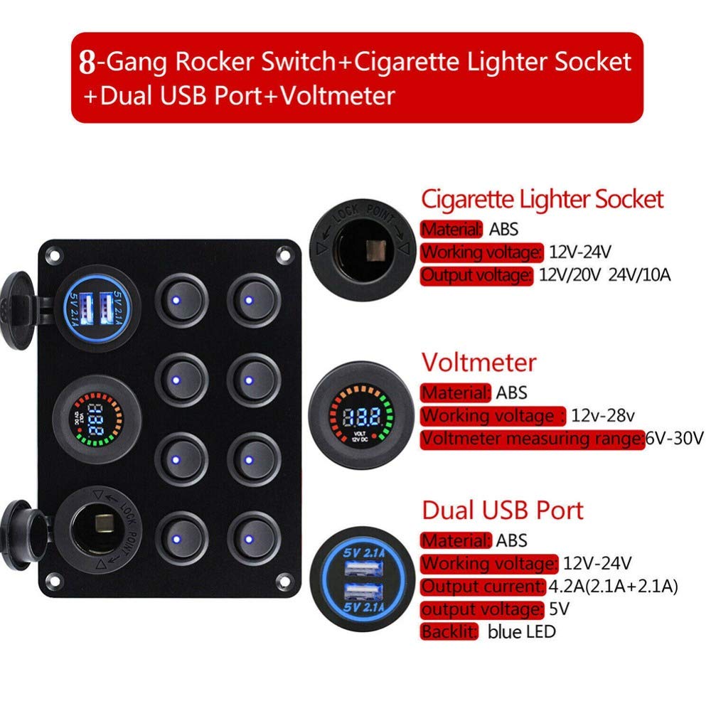 KAOLALI Pannello di Interruttori Basculanti, Interruttore a Levetta con 8 Interruttori Presa Accendisigari 12 V LED Voltmetro + 4,2 A Doppio Caricatore USB per Camper Roulotte Barche