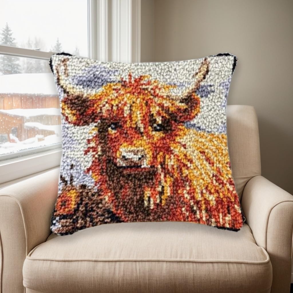 JILIP Highland Cow Latch Hook Kits, 17x17 DIY Pillowcase Hook and Latch Kit, Handmade Needlework Cushion Cover, Crochet Sofa Decoration, Relaxing Craft Activity(Beige)