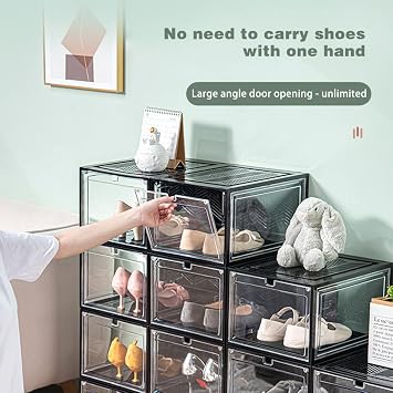 VALINK Stackable Shoe Storage Boxes, Shoe Organizer for Closet Shoe Boxes Clear Plastic Stackable Shoe Bins for Closet, Shoe Containers, Shoe Display Case Black