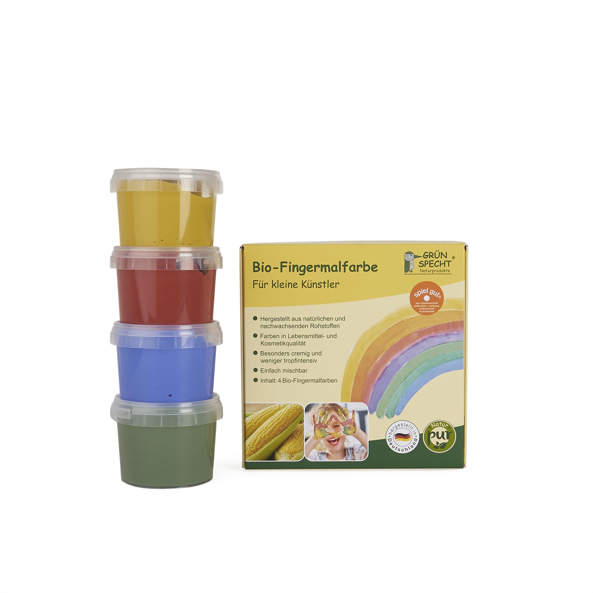 Grünspecht Bio-Fingermalfarbe, Fingerfarben Set für Kinder, 4 Farben aus natürlichen Rohstoffen, cremig, gelb, rot, grün, blau (691-00)