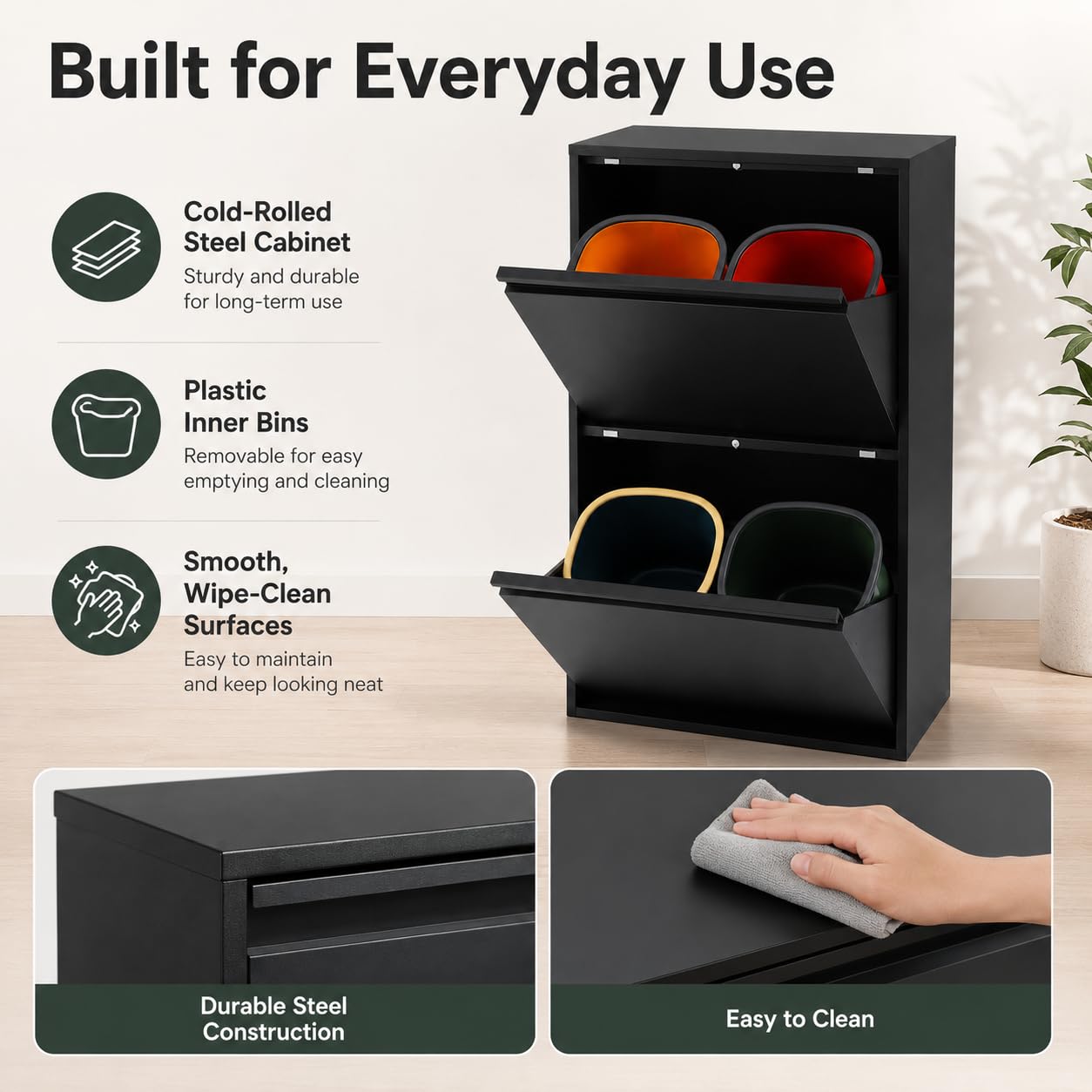 Sistema di raccolta differenziata con 4 contenitori da 15 l, pattumiera da cucina con armadio (nero) | 56 x 24,5 x 91 cm, acciaio laminato a freddo, 4 contenitori da 15 l, montaggio a parete, per cucina, ufficio, commercio
