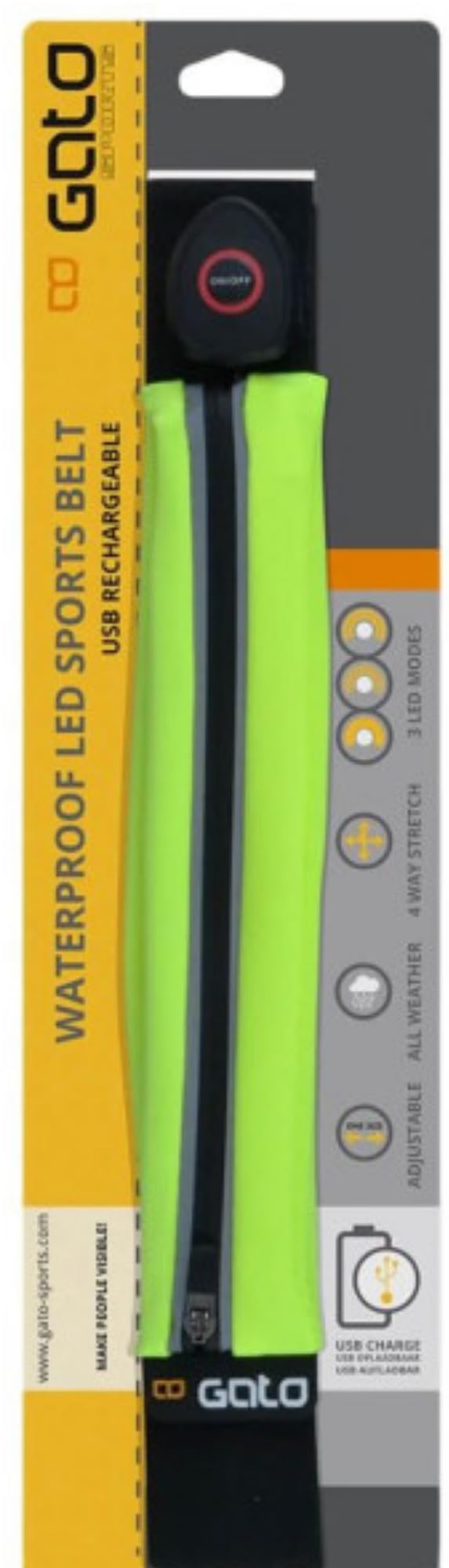 Gato Sports LED USB Recargable Correa De Correr Hi-Viz Bolsa Amarillo Neón