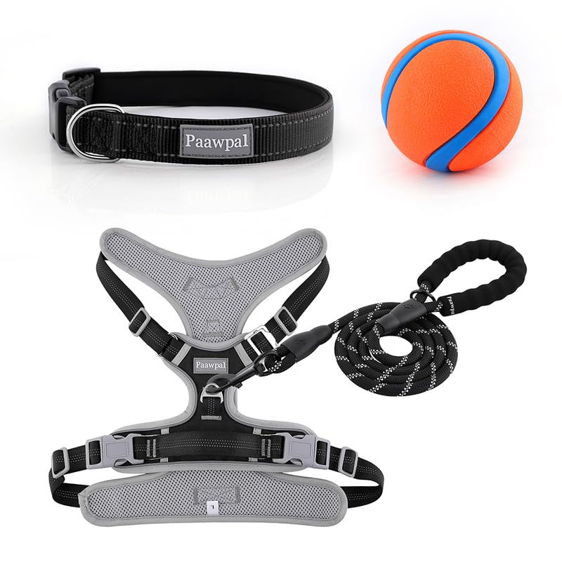 Paawpal Adjustable Dog Harness - No Pull, Reflective, Soft Padded for Small, Medium, Large Dogs - Includes Leash and Collar Black M