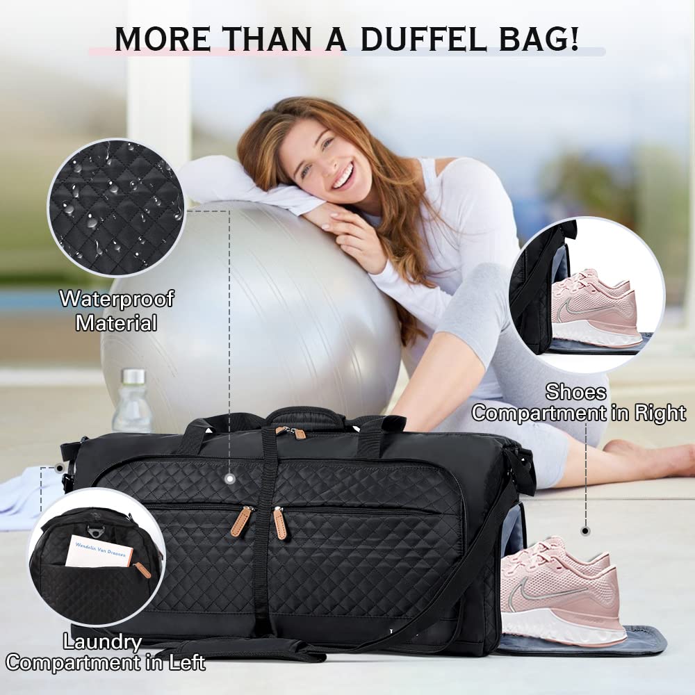 Lekesky Borsa da viaggio da donna pieghevole Weekender borsa sportiva con scomparto per scarpe, borsa impermeabile per bagagli a mano, Nero, 80L