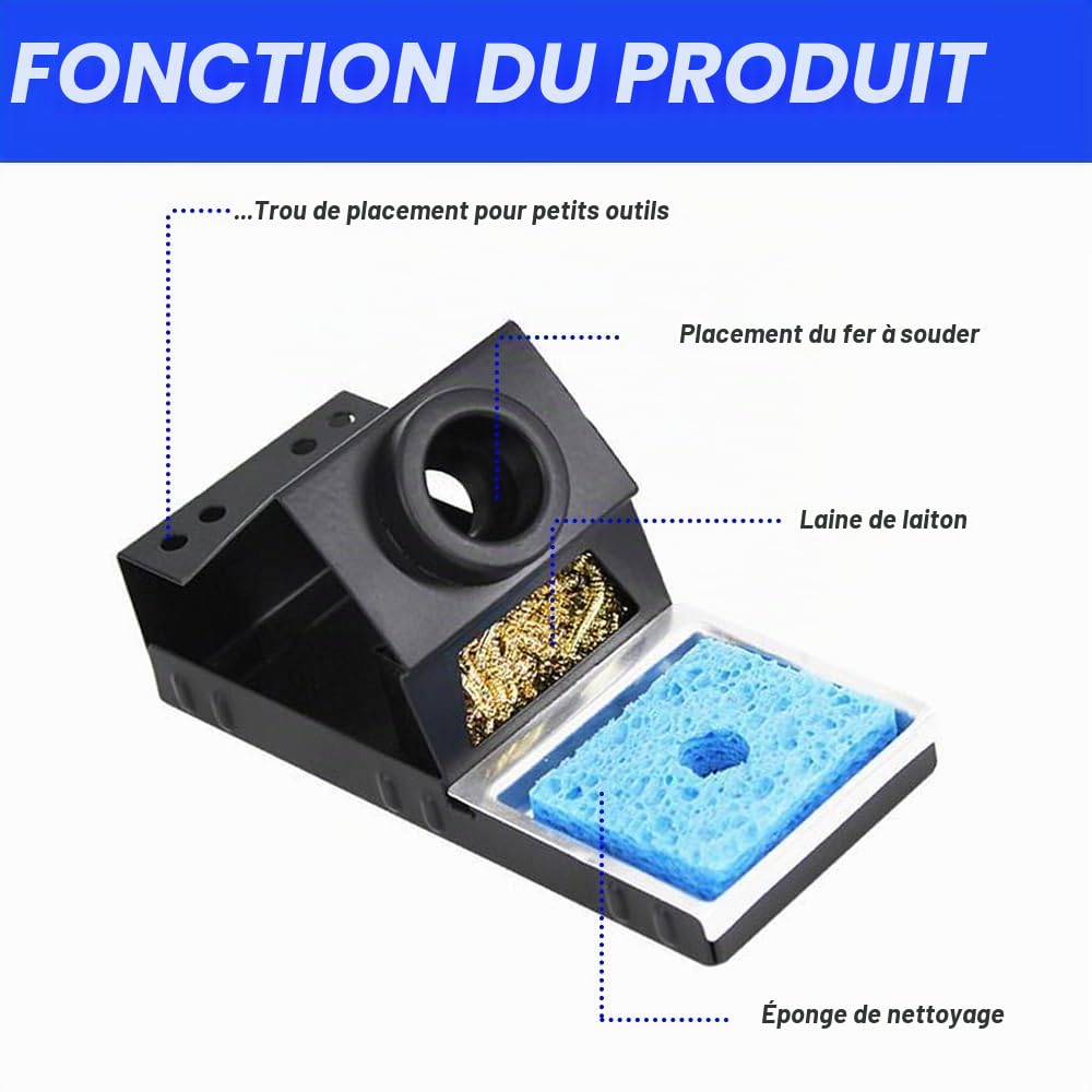 Support de fer à souder, support de fer à souder portable et stable avec laine de laiton, éponge de nettoyage, fentes pour pointes de soudure, pas besoin d'eau