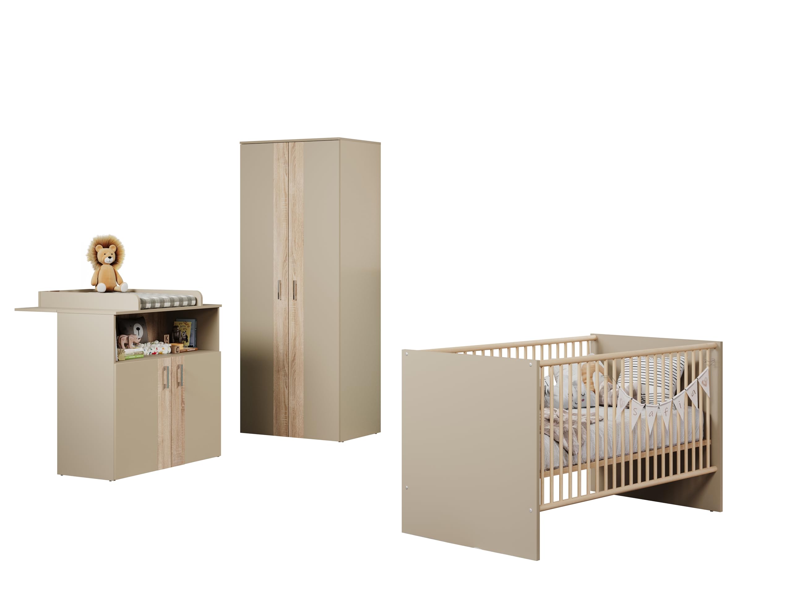 trendteam smart living Berry Babyzimmer Komplett-Set Beige/Eiche modernes Babyzimmer-Set bestehend aus Kleiderschrank, Babybett und Wickelkommode Bett höhenverstellbar von 19 auf 51,8 cm