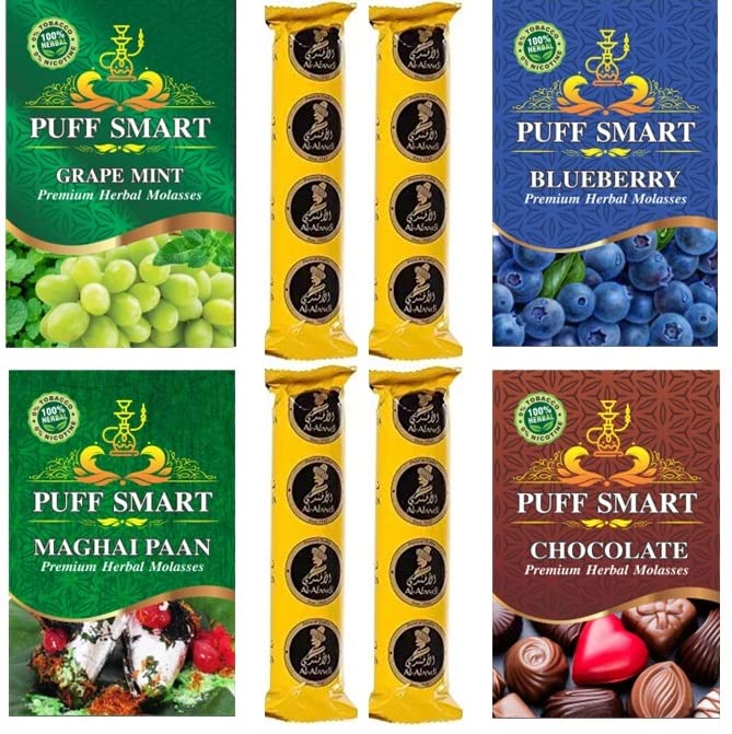 PUFF SMART Premium Herbal Flavor Maghai Pan, Blueberry, Chocolate And Grape Mint With 4 Polo Quick Light Charcoal Combo (100% Tobacco and Nicotine Free)-image-44