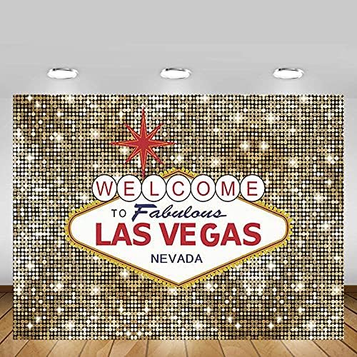 MEHOFOND 7x5ft Welcome to Las Vegas Party Background Fabulous Casino Poker Vintage Gold Round Sequin Photography Backdrop Photo Shoot Decor Banner Portrait Photo Booth Props Supplies