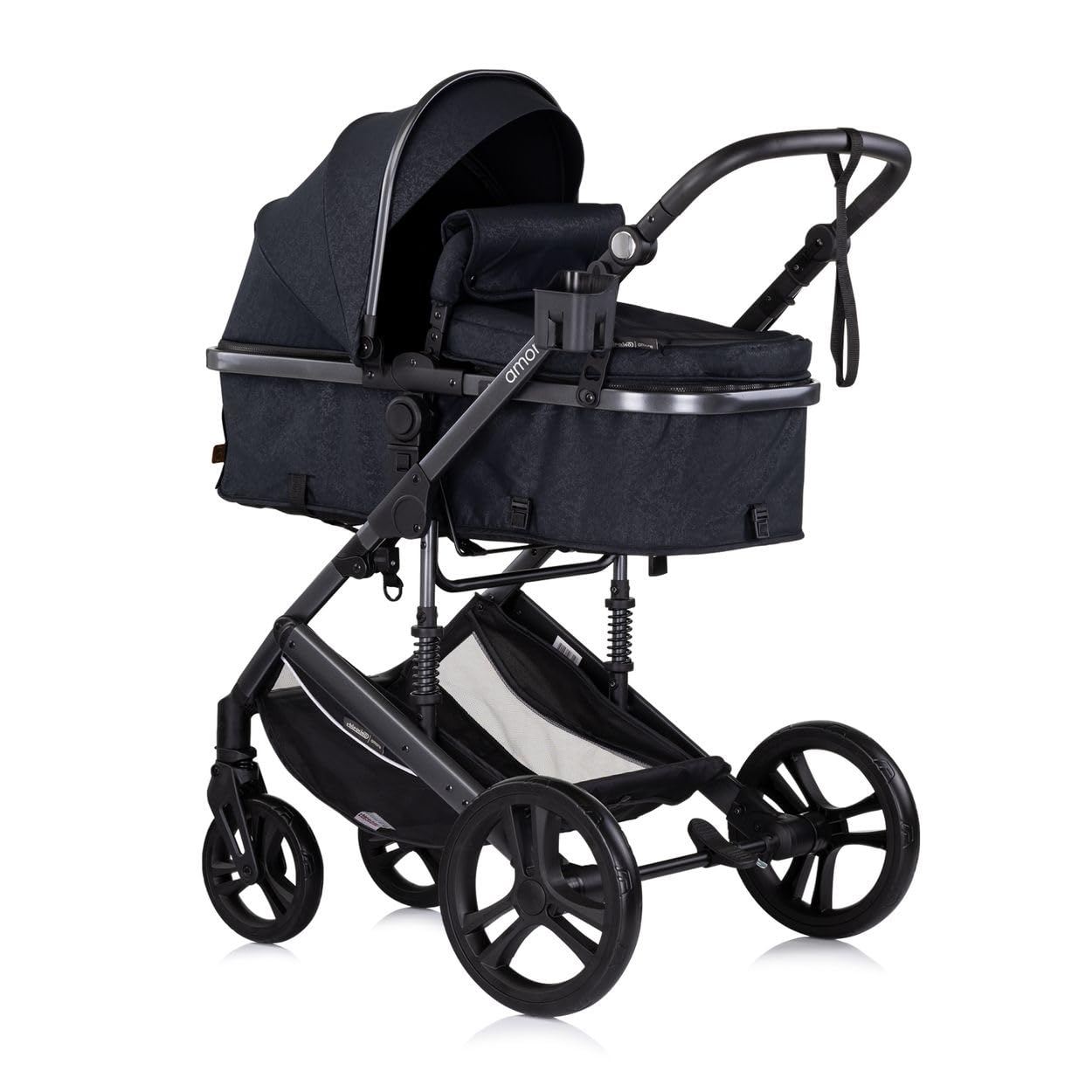Chipolino Kinderwagen 2 in 1 Amore Getränkehalter Wickeltasche Fußabdeckung Korb schwarz gemustert