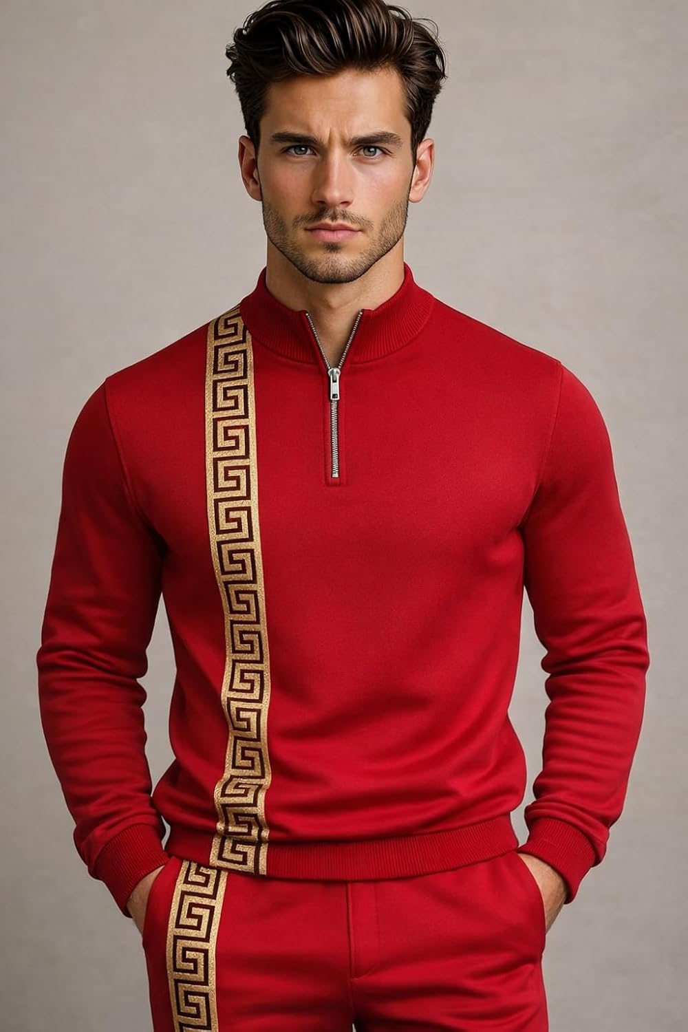 Mens Track Suits 2 Piece Set Jogging Suit Gold Greek Sweatpants Zip Pullover Matching Pants Workout Sweat Pant Set