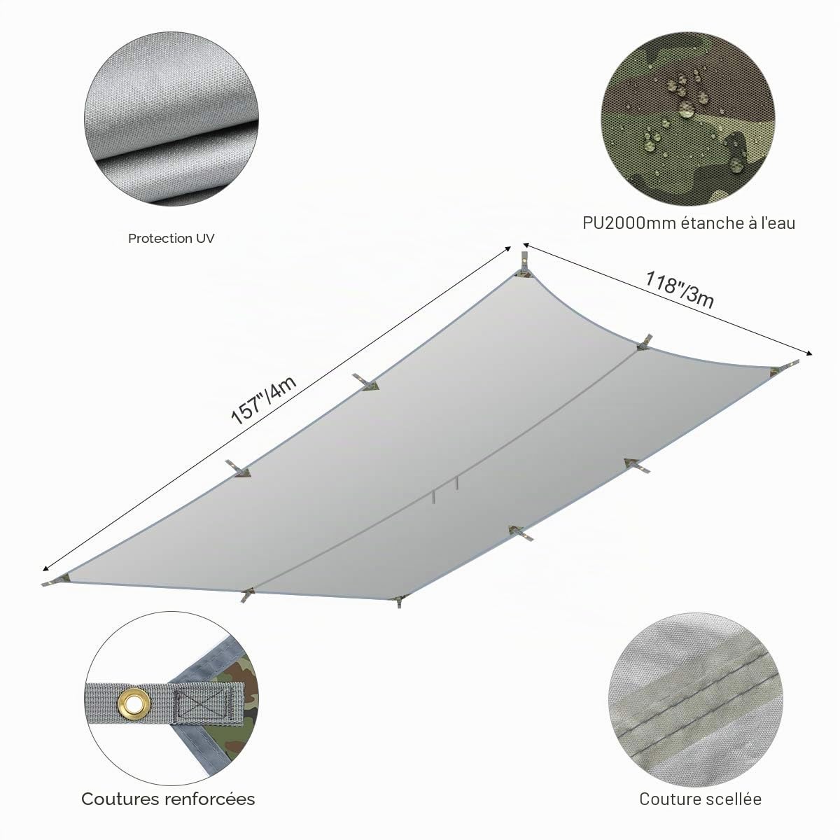RYACO Bâche Anti-Pluie,3M x 4M Camping Bâche Rain Tarp Toile de Tente Imperméable Abri de Randonnée Pliable Portable Grande Taille avec Zippées et Poche en Filet pour Bouteille d'eau pour Picnic