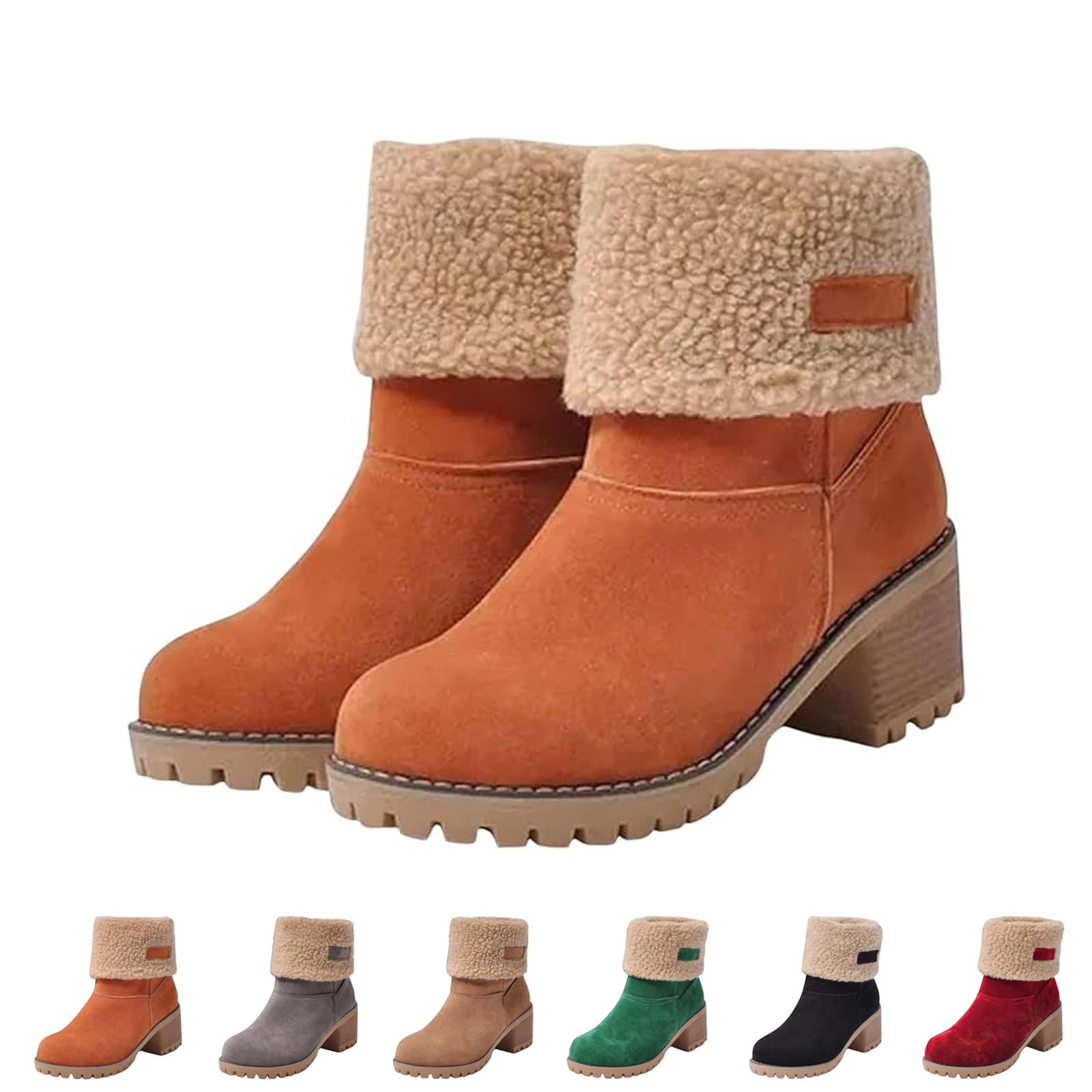 Winter Boots for Women Chunky Mid Heel Round Toe Fleece Lined Mid Calf Booties Comfortable Slip On Chunky