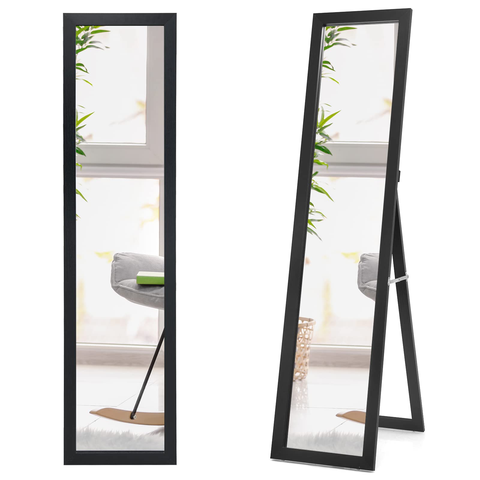 GIANTEX Miroir sur Pied Mural Design 2 en 1 Cadre en Bois 37 x 155 cm Noir