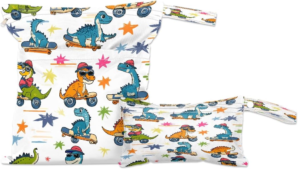 2-Pack Waterproof Wet Dry Bags for Swimsuits & Travel - Large & Small Sizes with Snap Handles, Lightweight Dinosaur Skateboard Design Print Polyester Bags (11.8"x13.5" + 8.7"x5.1")