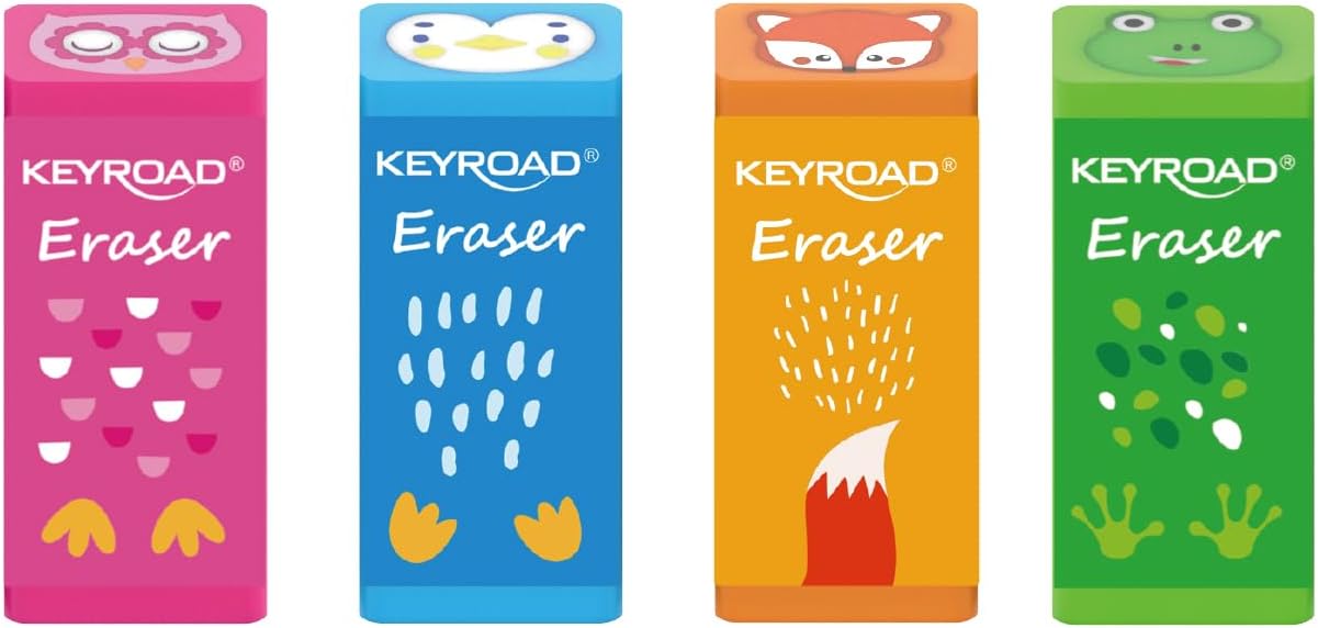 KEYROAD Eraser - Animals/Eraser for Pencil and Colouring Pencil/Pack of 2 Blisters/Mix of Colours/Ideal for School and Office