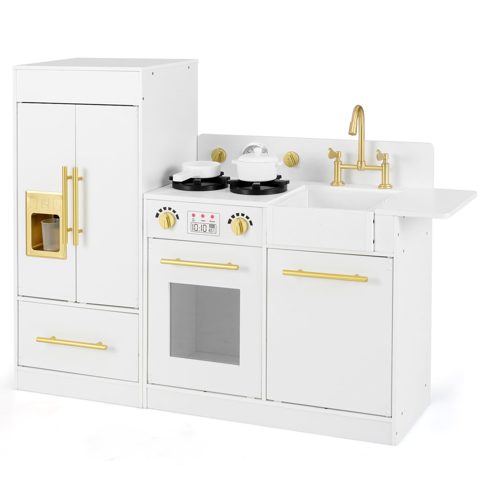 COSTWAY Kids Wooden Kitchen, Pretend Play Kitchen with Refrigerator, Stove, Sink, Ice Maker, Clock, Dishwasher & Accessories, Children Cooking Role Playset for Boys Girls